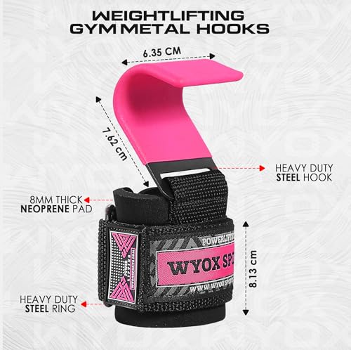 Professional Lifting Straps and Heavy Duty Hooks | 7mm Think Neoprene Padded Wrist Wraps for Weightlifting Support & Grip - Ideal Gym Gloves for Men Women Pair - Pink