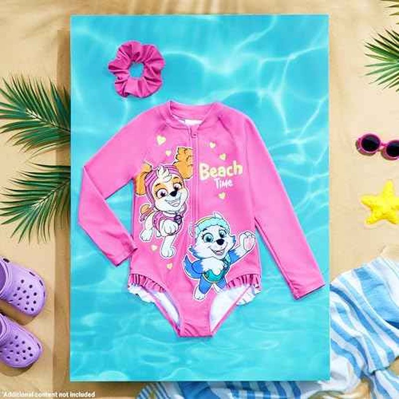 Paw Patrol Girls Swimsuit Long Sleeve Pink One Piece Bathing Suit for Girls with Scrunchie