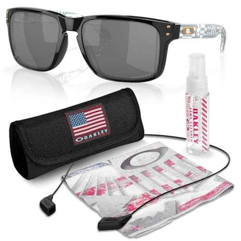 Oakley OO9102 HOLBROOK Square Sunglasses for Men - High Bridge Fit - USA Flag Cleaning Kit and Leash - PREMIUM BUNDLE