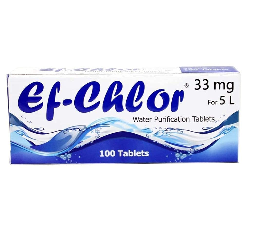 Ef-Chlor Water Purification Tablets/Drops (33 mg - 100 Tablets) - Potable Drinking Water Treatment Ideal for Emergencies, Survival, Travel, and Camping, Purifies 2.64 Gallons in 1 Tablet