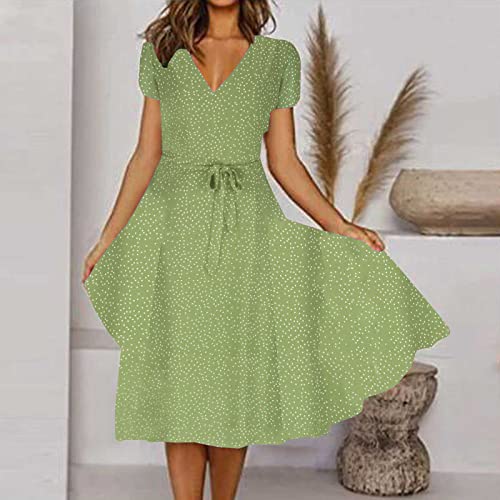 Clearance Womens Fall Clothes, Dresses for Women 2024 Casual Fashion V Neck Swing Polka Tie Waist Dress Summer Ruffle Short Sleeve Midi Sundress