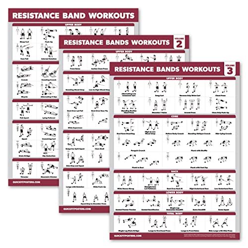 4 Pack - Resistance Bands Workout Exercise Posters Volume 1, 2 & 3 + Resistance Loops Fitness Chart (LAMINATED, 18" x 24")