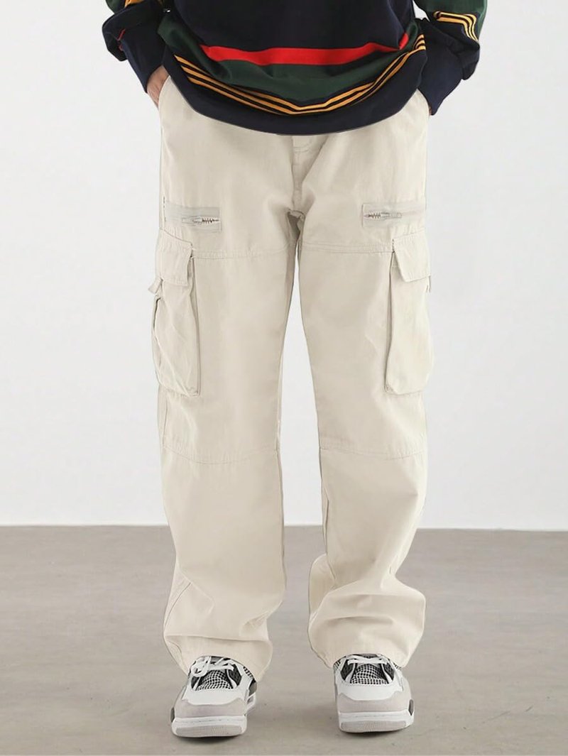 ZAFUL Men's Wild Cargo Pants Loose Fit Y2K Pants Drawstring Casual Hiking Pants Pocket Zipper Design Straight Trousers Apricot L