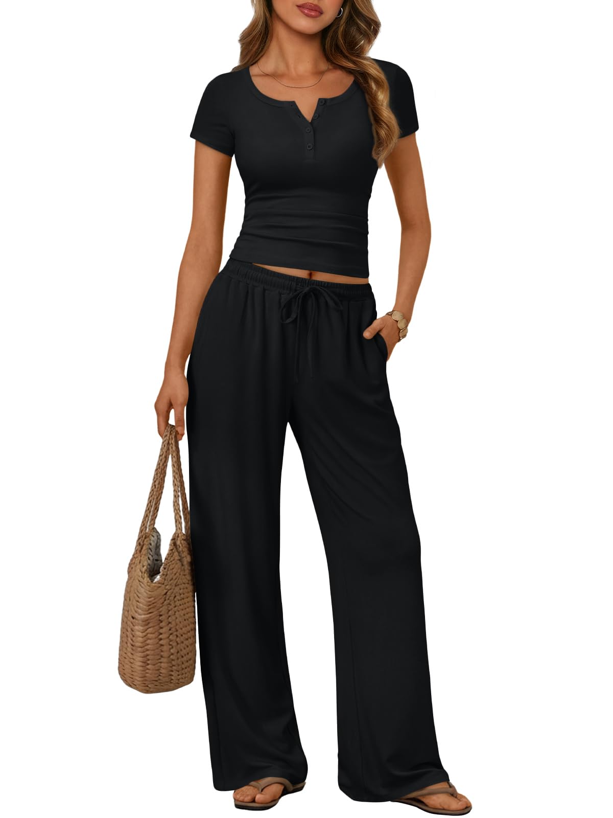 Trendy Queen Women 2 Two Piece Matching Lounge Sets 2026 Spring Summer Fashion Beach Vacation Clothes Workout Gym Top Wide Leg Pants Sweat Suits Airport Travel Outfits Casual Sweatsuit Loungewear