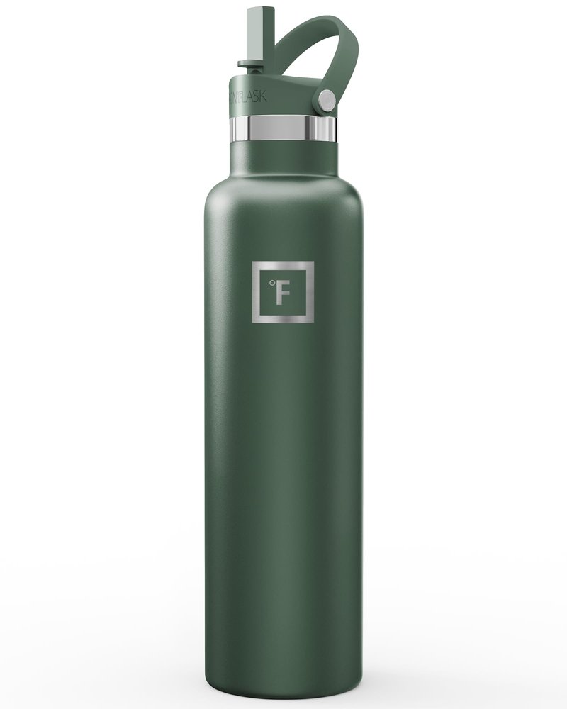 IRON °FLASK Camping & Hiking Hydration Flask with Straw, Narrow Mouth Insulated Stainless Steel Sports Water Bottle - Dark Pine 24 oz - Straw (1 Lid)