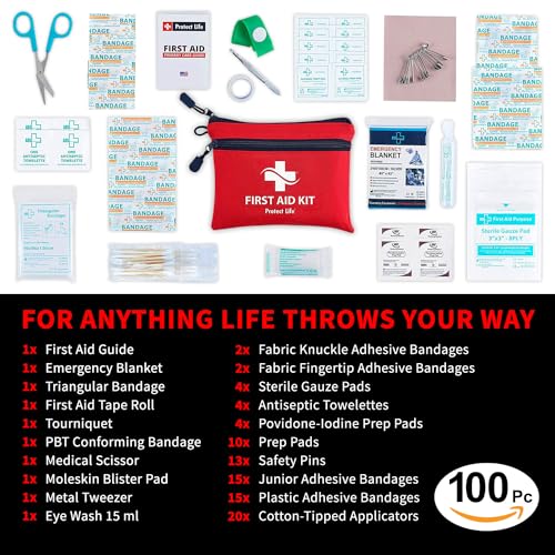 Protect Life First Aid Kit for Home/Business | HSA/FSA Eligible Emergency Kit | Hiking First aid kit Camping | Travel First Aid Kit for Car|Small First Aid Kit Travel/Survival Medical kit - 100 Pieces