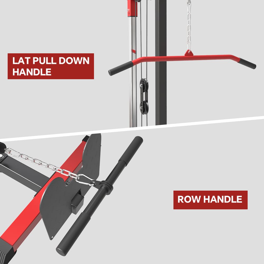 SPART LAT Tower, LAT Pull Down and Low Row Cable Machine with Flip Up Footplate, Heavy Duty Upper Body Machine with High and Low Pulley Station, Home Gym Back Exercise Machine, Red