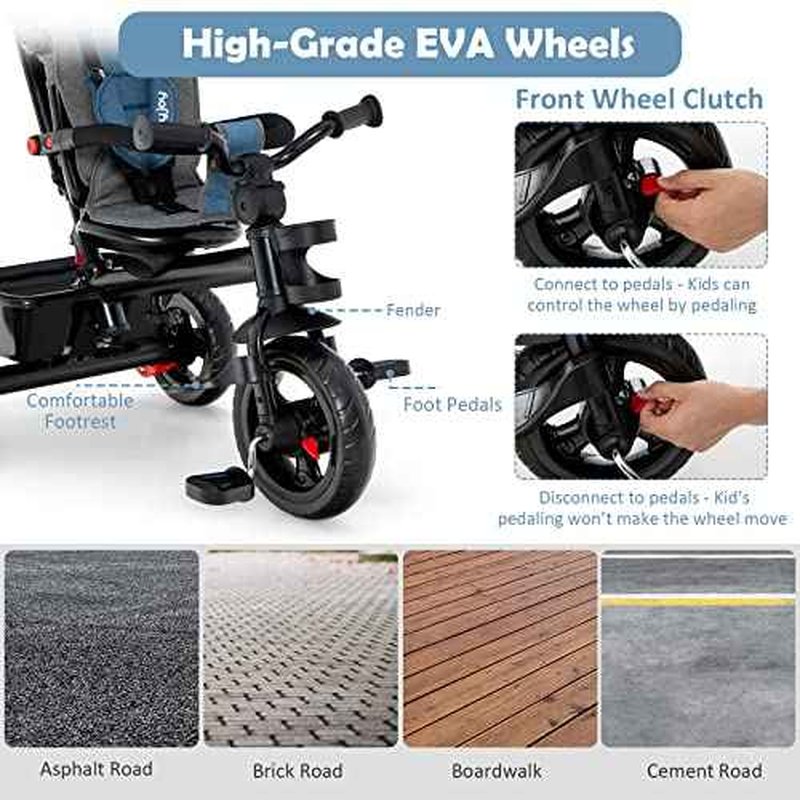 BABY JOY Tricycle, 5 in 1 Toddler Bike W/Removable Push Handle, Reversible Seat, EVA Wheel, Adjustable Canopy, Cup Holder & Storage, Ideal for Kids 1.5-5 Years Old, Tricycle for Toddler (Blue)
