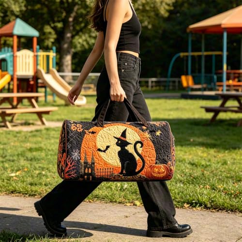 Large Purple Halloween Quilted Duffle Bag for Women - Trick or Treat Tote with Pumpkin Ghost Print, 2026 Capacity