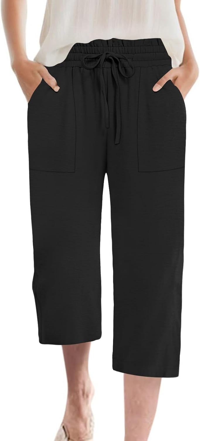 Women's High-Waisted Wide Leg Capri Pants - Casual Drawstring Trousers with Pockets | Summer Style