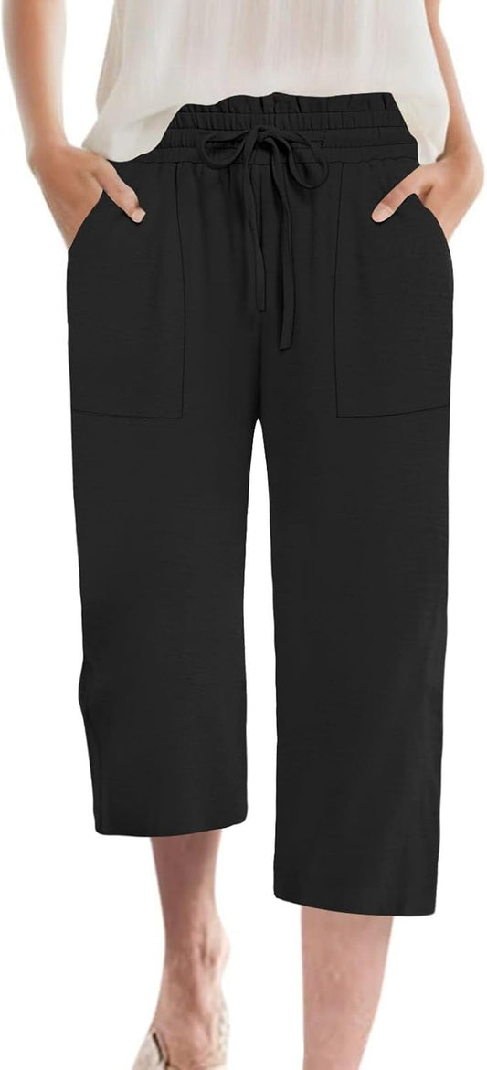 Women's High-Waisted Wide Leg Capri Pants - Casual Drawstring Trousers with Pockets | Summer Style