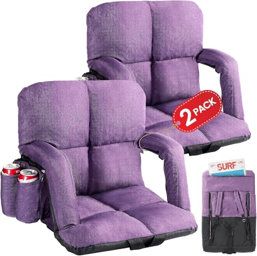 Wide Stadium Seats with Back Support, Bleacher Chairs with Comfy Cushion, 6 Reclining Positions, Portable Stadium Chair Bleacher Seat with Armrests for Outdoor Sport Events, Camping, Beaches (Purple)