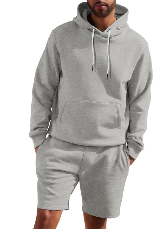 JMIERR 2 Piece Outfits for Men Long Sleeve Hoodie Sweatshirt & Joggers Shorts Track Suits Set, Comfy Airport Tracksuit Sweatsuits Matching Lounge Sets with Pockets,Medium,Gray