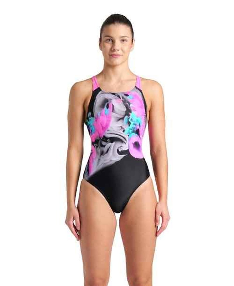 ARENA Feel Women's Imaginary Swim Pro Back Swimsuit Sporty One Piece Ladies Bathing Suit Athletic Swimwear, Black/Shocking Pink/Multi, US Size 36