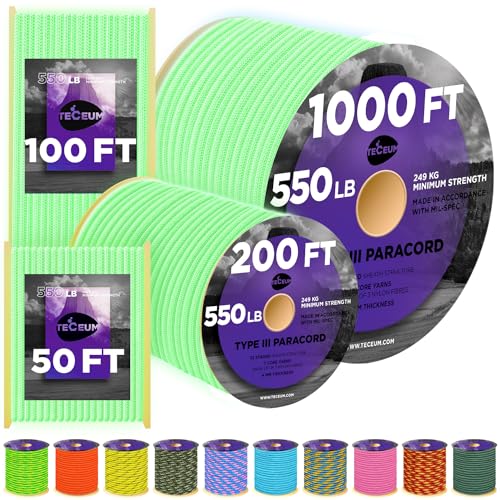 TECEUM Paracord Type III 550 Green - Glow in The Dark – 50 ft – Tactical Rope MIL-SPEC – Outdoor para Cord –Camping Hiking Fishing Gear and Equipment – EDC Parachute Cord – Strong Survival Rope 025gd