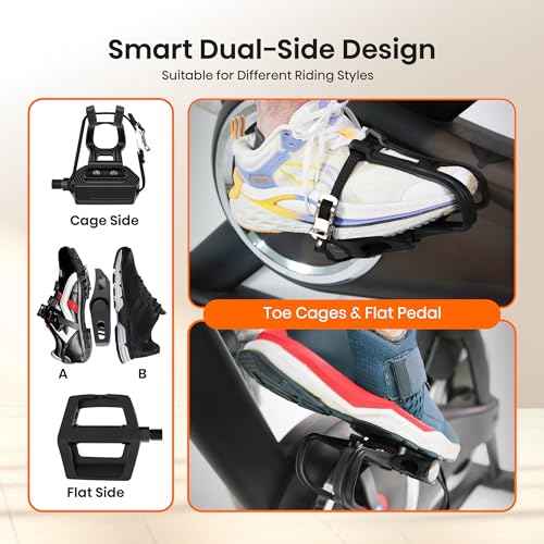SPD Bike Pedals with Toe Cages, 9/16'', Dual Function with Straps and Clip, Alloy Spindle for Indoor Exercise Cycling Spin Mountain Road Bikes, Peloton, Schwinn, Sunny Bikes
