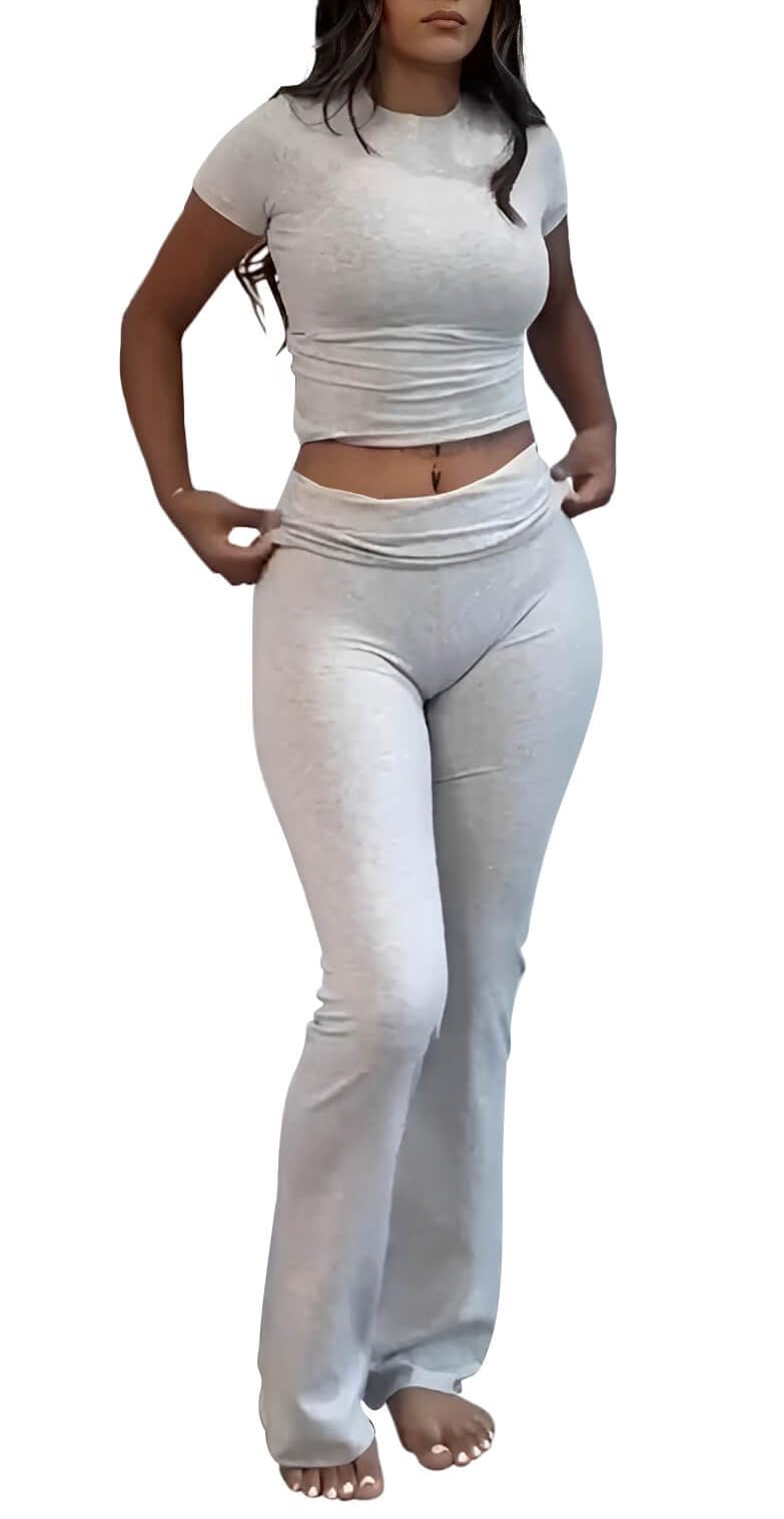 AYWA Women's 2 Piece Lounge Sets Short Sleeve Crop Top Foldover Flare Pants Casual Pajama Outfits (Light Heather Grey, Large)