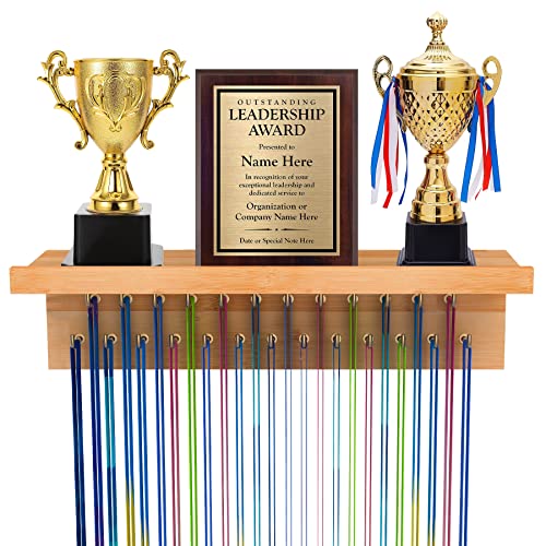 Purbambo Medal Hanger Display, Bamboo Trophy Shelf with 25 Steel Hooks, Wall Mount Ribbon Medals Holder for Gymnastics, Soccer, Running Race Awards