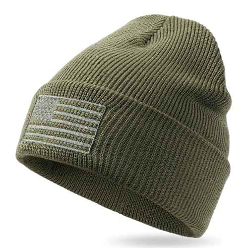 OUTDOOR SHAPING American Flag Embroidered Knit Cuffed Beanie for Men Women Tactical Winter Warm Hat