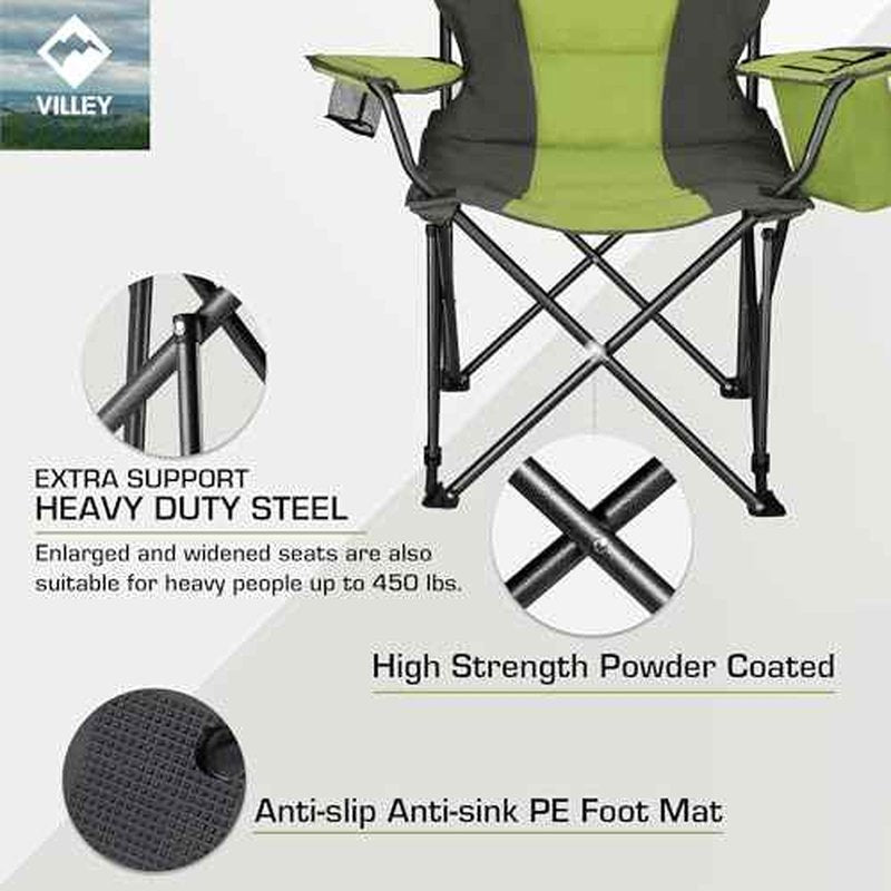 VILLEY Camping Chair, Oversized Folding Camp Chair, Portable Outdoor Chairs Support 400 LBS with Padded Seats, Cooler Bag, Cup Holder, Carry Bag, Green