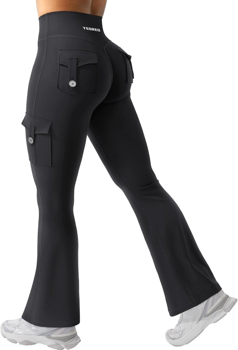CoreFlex Women's Workout Flare Leggings - High Waisted, Hidden Pockets, No Front Seam | Cargo Gym Yoga Pants