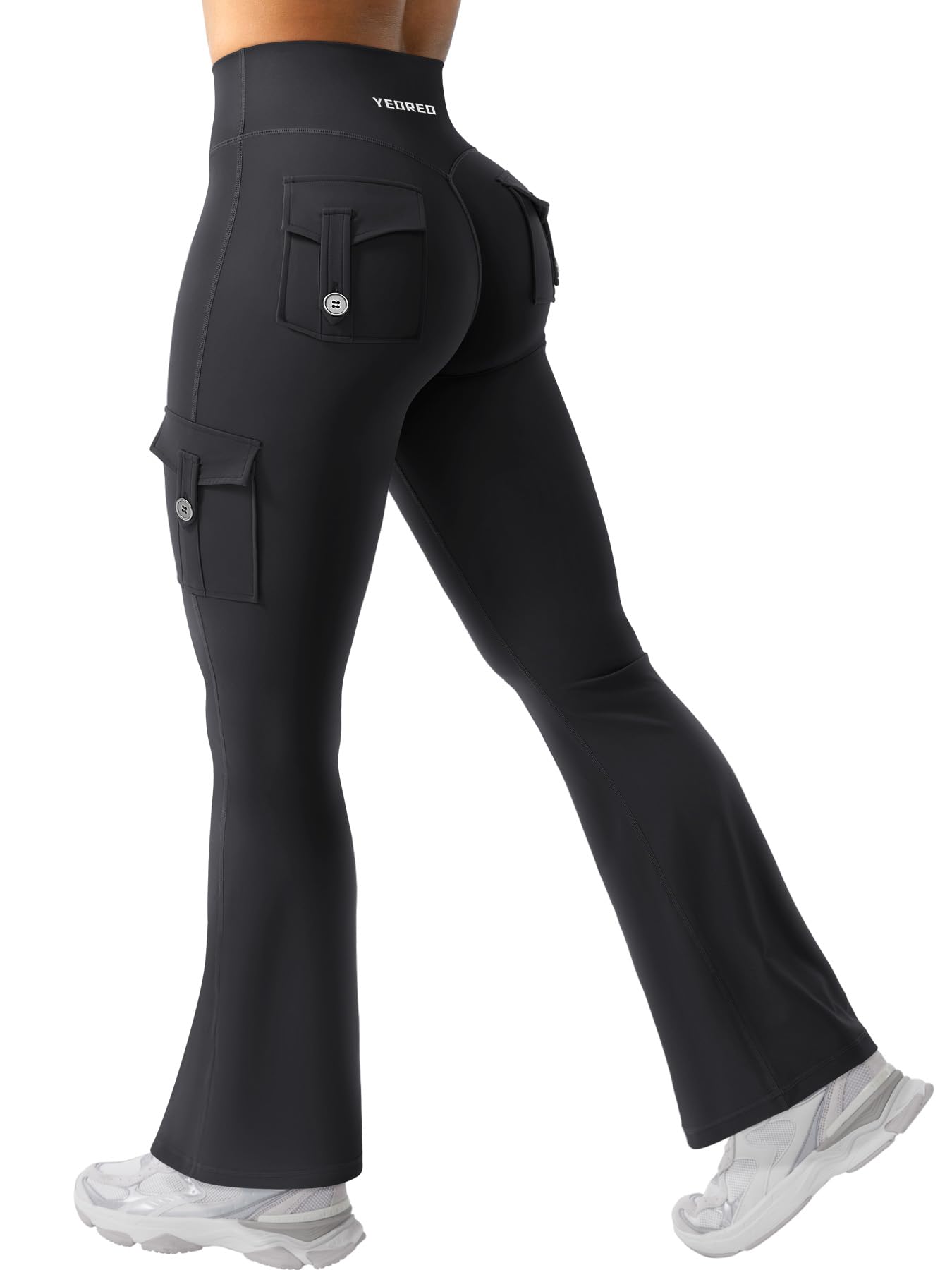 YEOREO CoreFlex Women Workout Flare Leggings with Pockets Scrunch Cargo Gym Yoga Leggings Black L