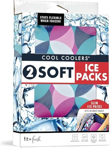 Cool Coolers by Fit & Fresh 2 Pack Soft Ice, Flexible Stretch Nylon Reusable Ice Packs for Lunch Boxes & Coolers, Geo & Navy