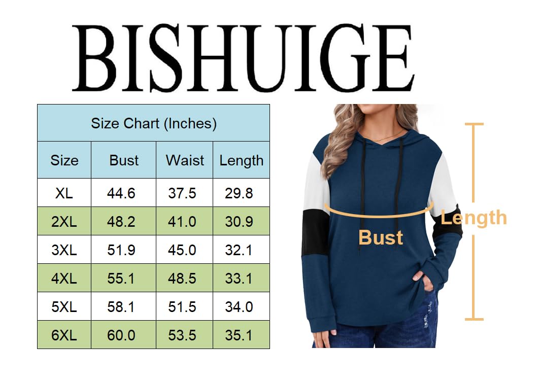 BISHUIGE Women's Winter Plus Size Fashion Color Block Hoodies Long Sleeve Tops, 2XL, Dark Gray