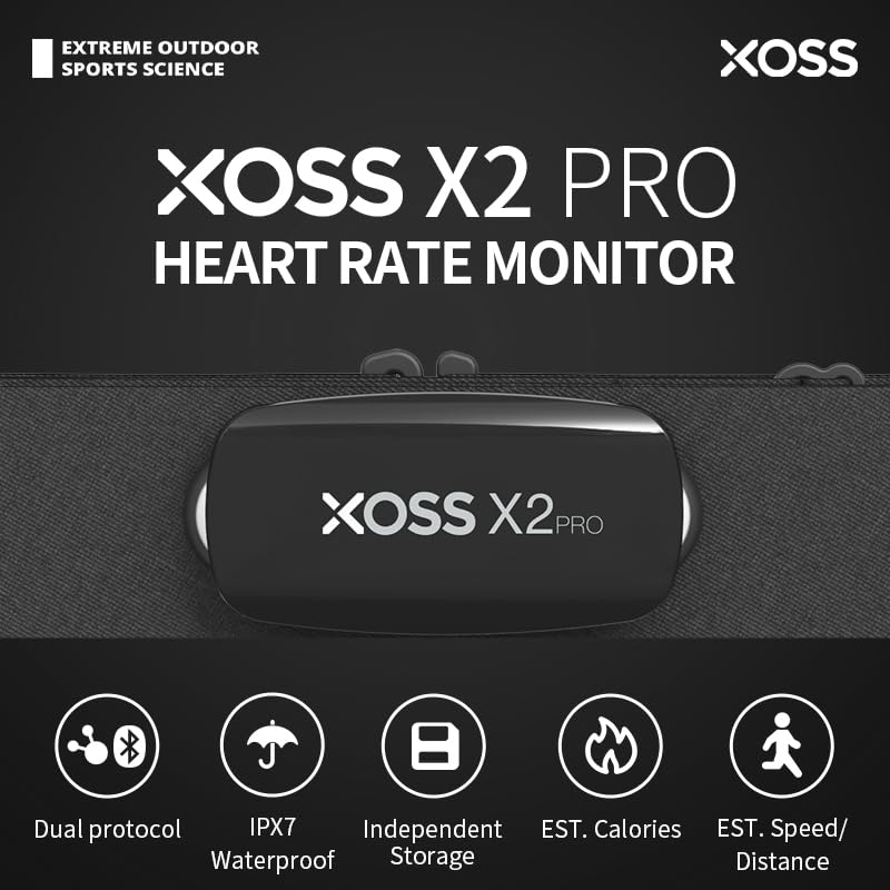 XOSS X2 PRO Heart Rate Monitor Chest Strap, ANT+ BLE HR Monitor, Rechargeable Chest Strap with Independent Storage Function and Calorie Estimation Function, IPX7 Waterproof, Health Accessories