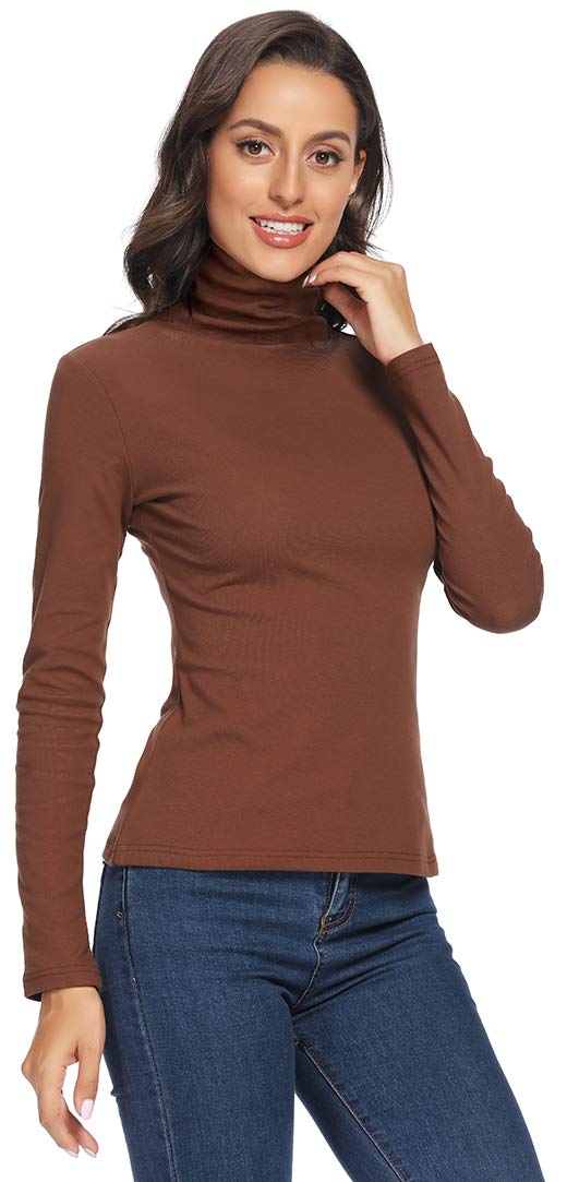 VIIOO Women's Long Sleeve Turtleneck Thermal T-Shirts Soft Fitted Pullover Cotton Tops(Brown/Turtleneck,M)