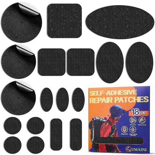 Down Jacket Repair Patch Kit, Outdoor Gear Tenacious Repair Tape, Self Adhesive Fabric Patches for Clothes, Waterproof Ripstop Nylon Fabric Patch for Puffer Jacket, Coat, Tent (18 Pcs, Black)