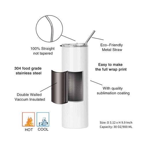 PYD Life Sublimation Blanks Tumbler Skinny 30 OZ Straight Stainless Steel Coffee Cups Mugs with Lid and Metal Straw for Tumbler Press Machine Heat Transfer 4 Pack