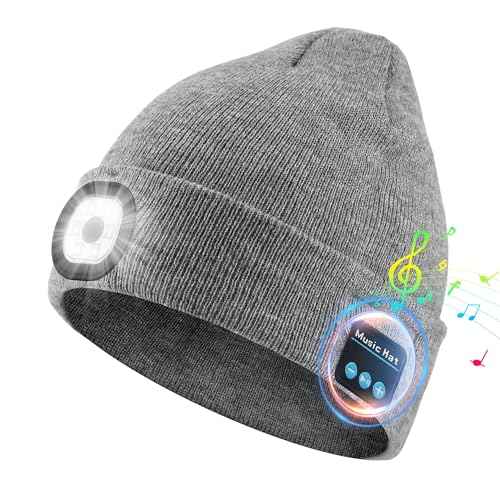 Rotibox Bluetooth Beanie with Light, Unisex USB Rechargeable 4 LED Headlamp Hat with Wireless Headphones