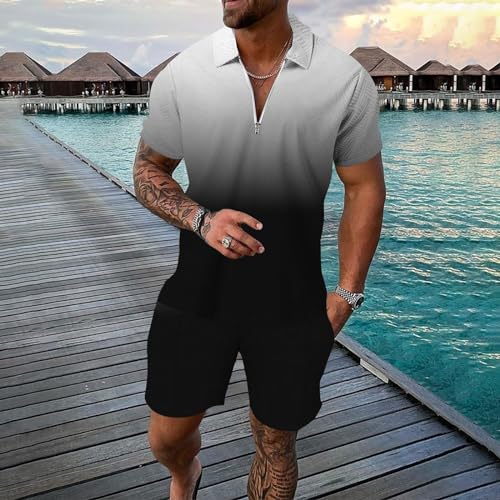 Two Piece Outfits Set for Men Printed Short Sleeve Polo Shirts Shorts Set Men’s Short Set Outfit 2 Piece Tracksuits Men Short Set