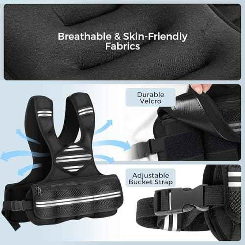 Adjustable Weighted Vest for Women Men, 6-18 LBS Weighted Walking Vest with 8 Ironsand Weights & Reflective Strip, Strength Training Weight Vests for Running GYM Home Workout, Large Zippered Pocket