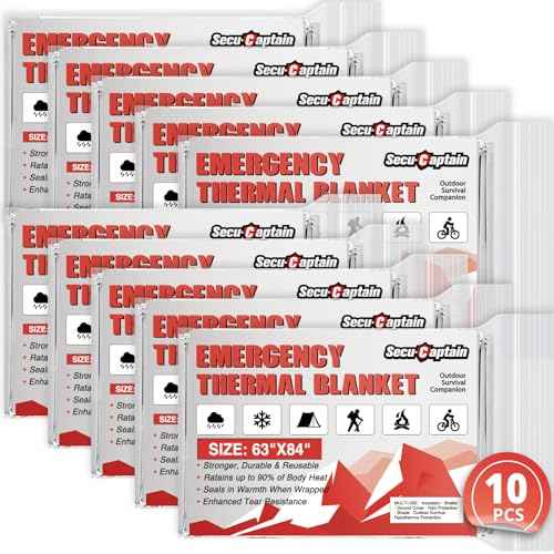 SecuCaptain Survival Emergency Thermal Blankets: Extra Large 84¡± x63¡± Space Mylar Blanket Kit for Outdoor Cold Winter Camping Hiking Car Bug Out Bag or First Aid - 10 Pack