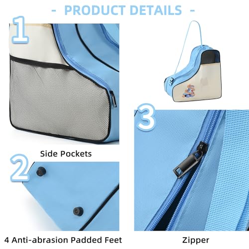 Boulder Bee Roller Skate Bag, Ice Skate Bag for Women with Adjustable Shoulder Strap, Shoe Bag for Ice Skating/Inline Skates, for Both Kids and Adults (Blue)