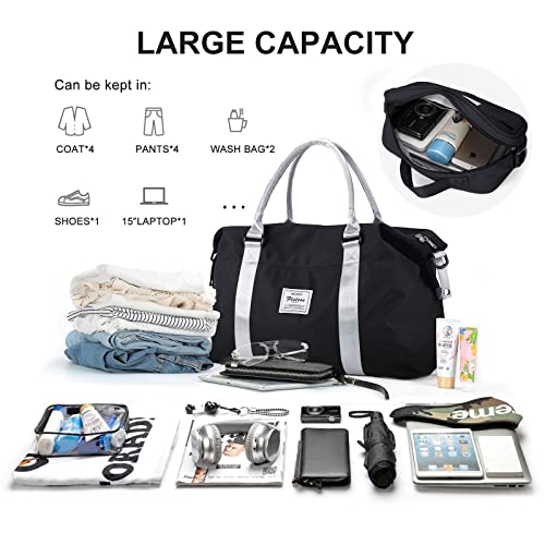 Weekender Duffel Bags for Women Men, Travel Totes Bag for Airplane, Cute Sports Gym Dance Bag Overnight Luggage Bag with Wet Pocket, Carry On Hospital Bag for Labor and Delivery (Large Black)