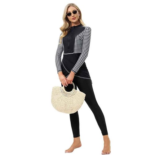 Womens Muslim Islamic Long Sleeves Burkini Swimsuits Swimwear Modest Hijab Burkini Top+Pants Rashguard Swimming Costume Bathing Suit Sport Beachwear Surfing Outfit for Girls Black+White Plaid 2XL