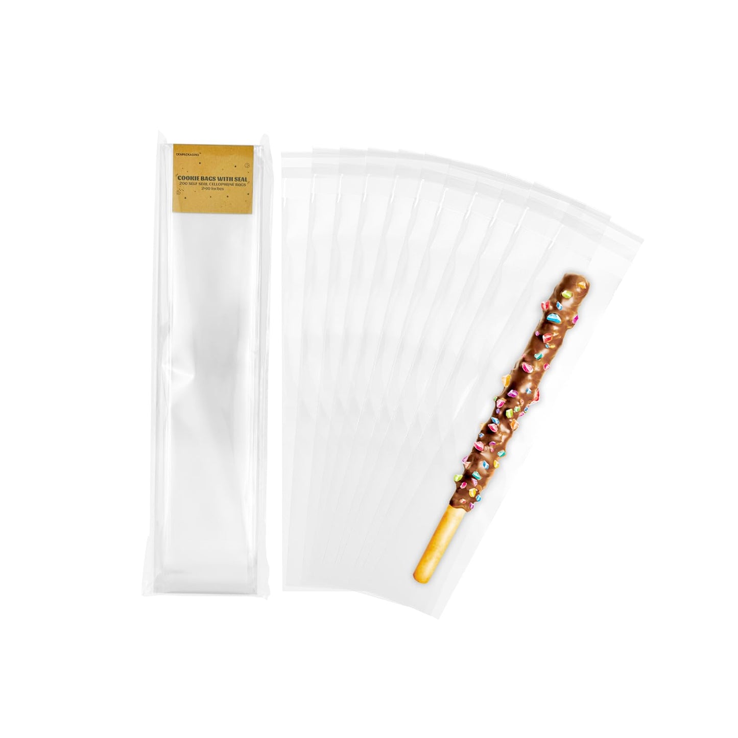 EKAPACKAGING 200Pcs 2x10 Inches Self Sealing Cellophane Bags Clear Pretzel Rod Bags for Treat, Candy Melts, Cookie, Popsicle, Ice Pop