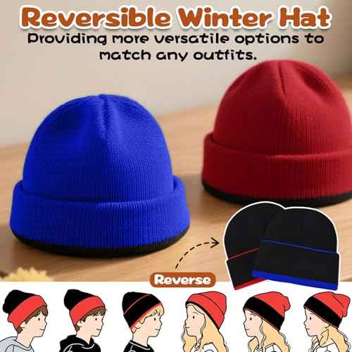 Rosoz Kids Beanie Boys Girls- Reversible Beanie with Double Sides- Big Kids Winter Hat Kids Knit Warm Caps for 7-12 Years