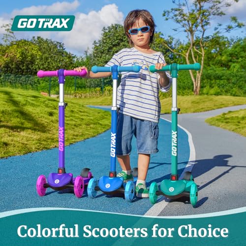 Gotrax KS1 Kids Kick Scooter, LED Lighted Wheels and 3 Adjustable Height Handlebars, Lean-to-Steer & Widen Anti-Slip Deck, 3 Wheel Scooter for Boys & Girls Ages 2-8 and up to 100 Lbs (Blue)