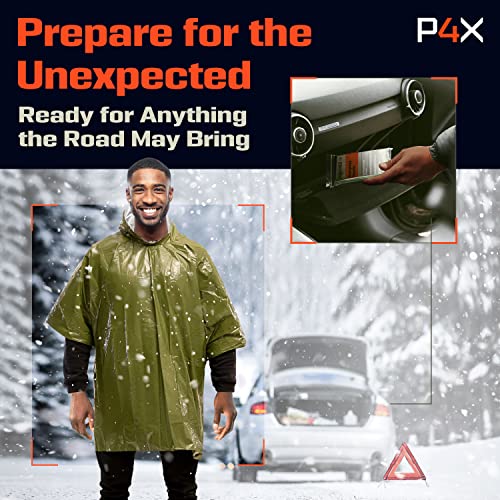 PREPARED4X Emergency Poncho Blanket with Mylar Blanket Liner - Survival Blankets for Car - Heavy Duty, Waterproof Camping Gear– 4 Pack (Green)