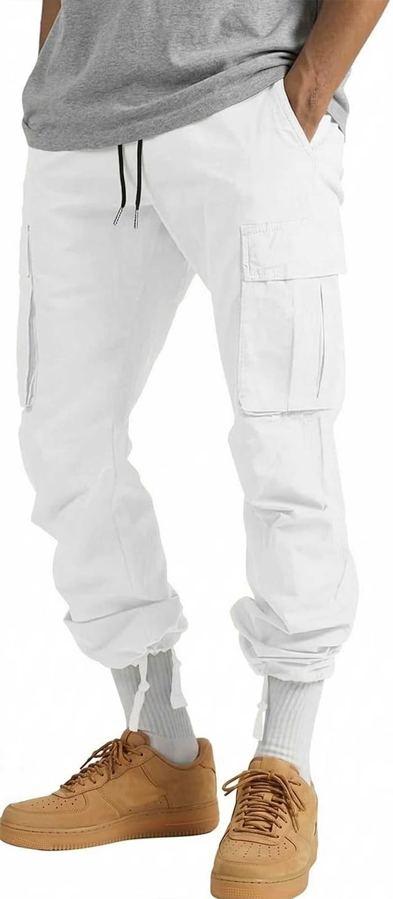 HUNGSON Mens Cargo Pants Drawstring Casual Hiking Pants Joggers Athletic Trousers Cotton Loose Straight Sweatpants for Men White