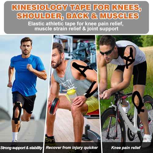 Kinesiology Tape for Knees & Shoulder -2 Rolls Elastic Athletic Sports Tape for Knee Pain Relief, Muscle Strain Relief, Joint Support & Plantar Fasciitis, Waterproof, Breathable & Zero Latex, Black
