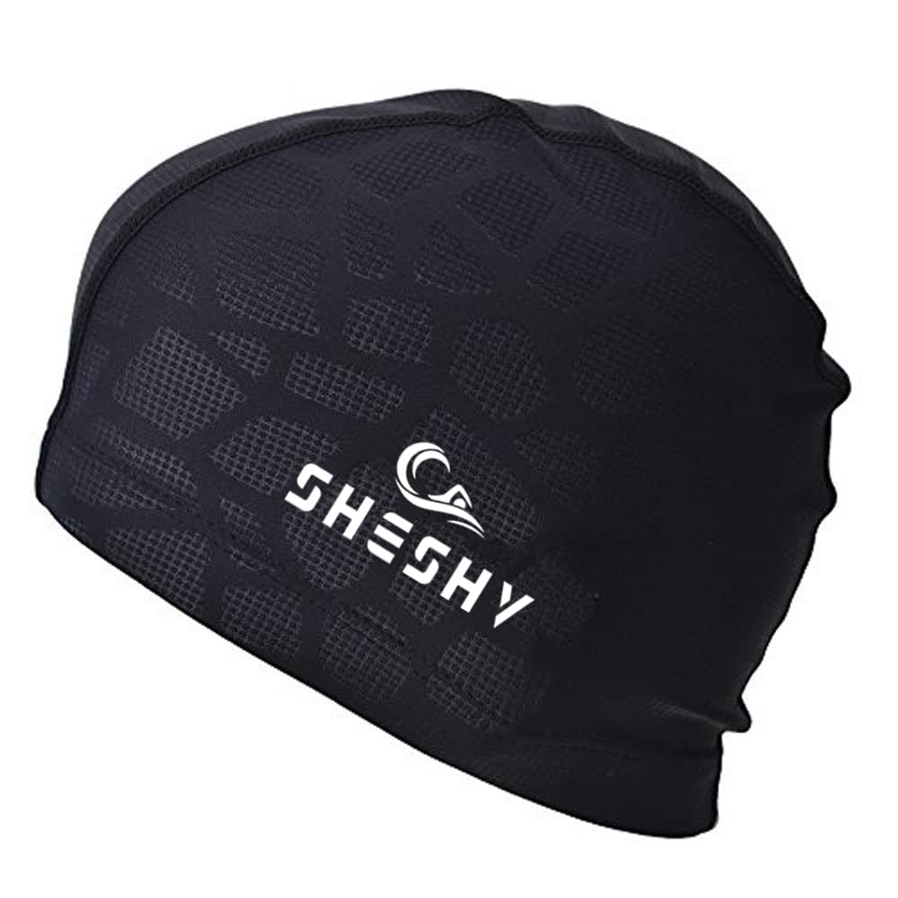 SHESHY Swim Cap, Flexible Nylon Spandex Fabric Cotton PU Fiber Swimming Bathing Cap Hat for Men Women Kids Adults (Black)