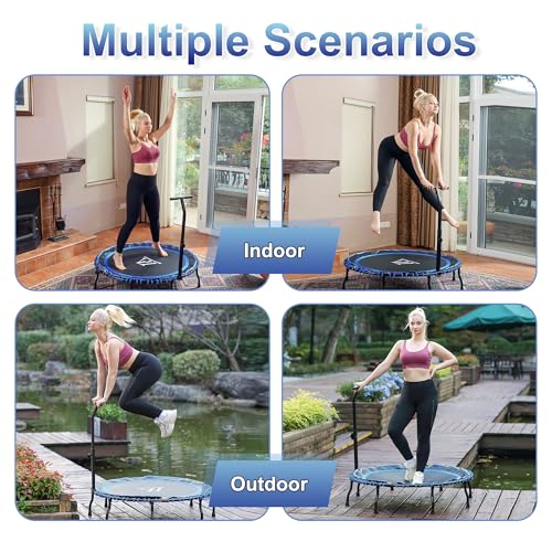 Vimexciter 40" Foldable Mini Fitness Trampoline with Adjustable Foam Handle, Exercise Rebounder for Adults Kids Indoor/Garden Exercise, Max Load 330lbs, Blue