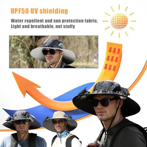 Wide Brim Sun Hat with 2 Solar Fan, Fishing Hat for Men, Solar Powered Fan Fishing Hats, 3 Speed Adjustable Fan Hat for Beach Garden Hiking Outdoor Sports