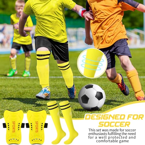 Syhood Soccer Shin Guards and Socks for Toddler Kids Youth, Lightweight Soccer Shin Pads Protective Soccer Gear for 3-5, 5-10, 10-15 Years Old Children Teen Boys Girls Soccer Game (Yellow,S Size)