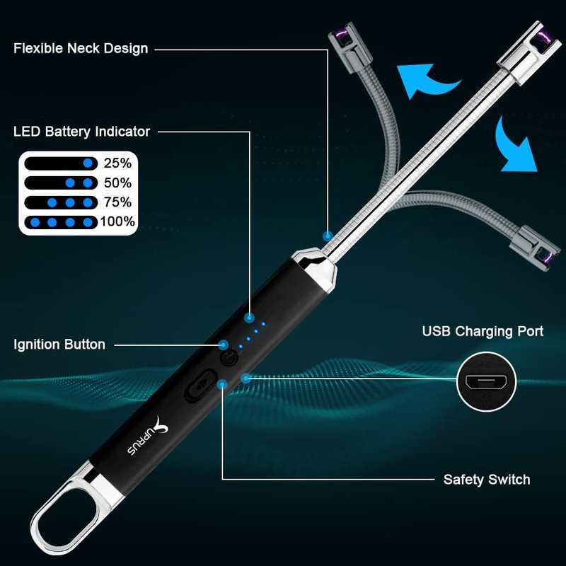 Rechargeable USB Arc Lighter - 360° Flexible Neck Flameless Design for Grilling, Camping & Cooking | Black